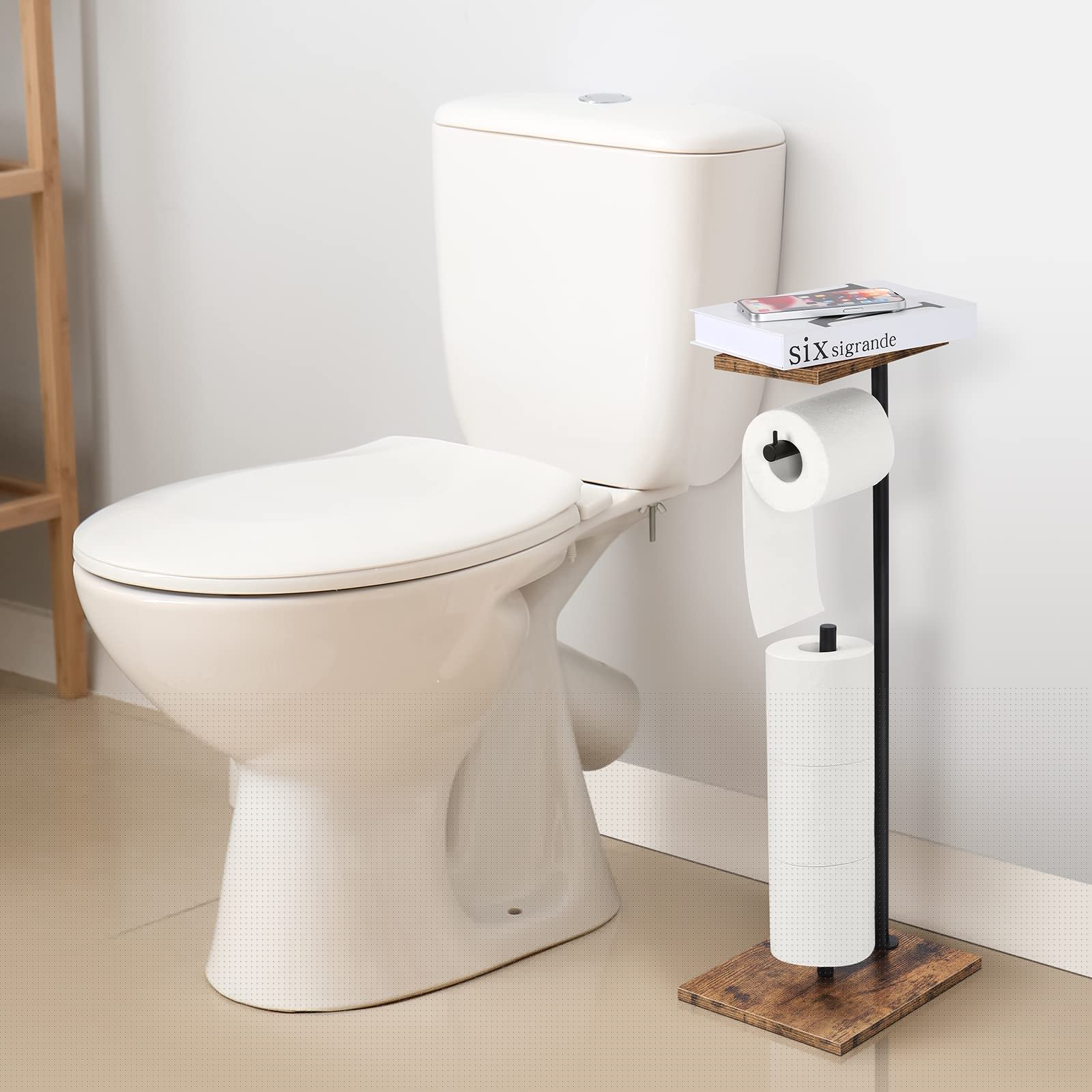 Toilet Paper Holder Stand Toilet Paper Roll Holder with Shelf Free Standing Toilet Tissue Holder Black Toilet Paper Storage Holder with Reserve for for Bathroom Holds Wipe, Mobile Phone, Mega Rolls