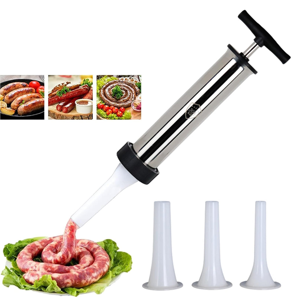 Sausage Stuffer Manual 304 Stainless Steel Sausage Maker Meat Stuffer Filler Hand Operated Salami Maker Sausage Filling Tool Funnel with 3 Nozzles