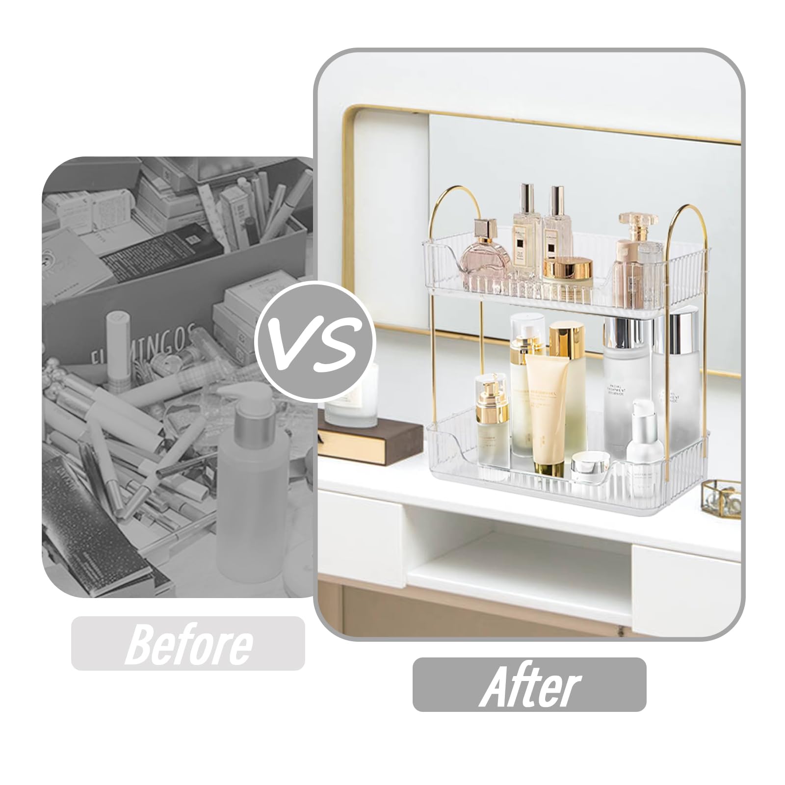 Bathroom Counter Organizer, Countertop Storage Cosmetics Shelf Skincare Organizer, skincare organizers bathroom vanity organizer Makeup Organizer Perfume for Dresser Vanity Tray [2 Tier-clear]