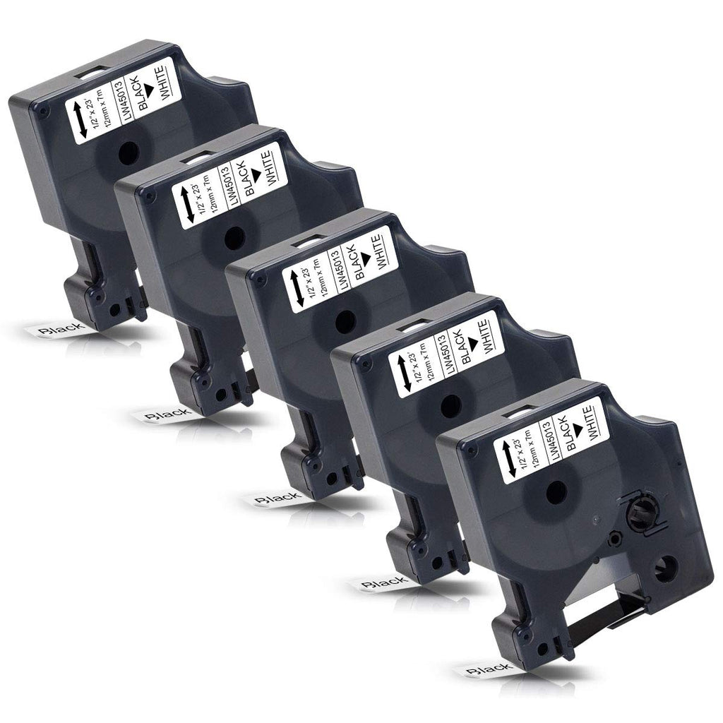 5- Pack Compatible 12mm 45013s Refills for D1 45013 S0720530 Black on White Label Maker Tape Cassette for LabelManager 160 210D 450 280 420P PnP 220P 360D, 0.47 Inch x 23 Feet