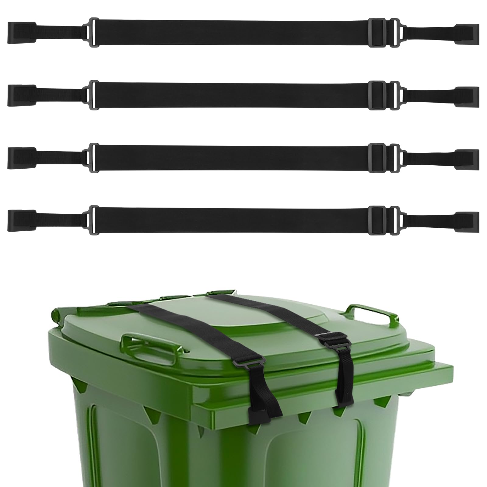 4PCS Trash Can Lid Lock for Animals, Adjustable Garbage Can Strap Lock, No Drilling Garbage Bin Lock Outdoor, Universal Trash Bin Cord Strap Security Against Raccoons, Prevent Tipping Over, No Tool