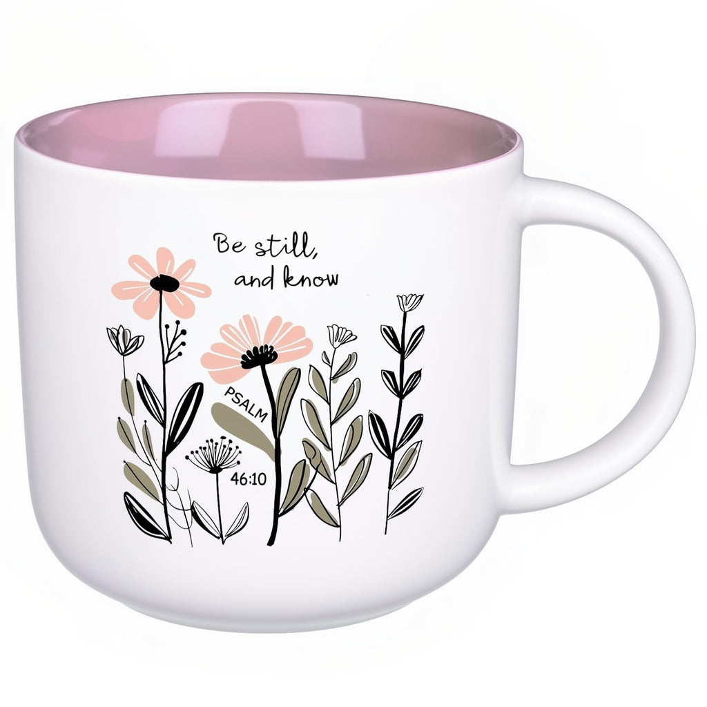 ONRRI 13.5 oz Round Ceramic Mug with Pink Interior, Be Still and Know Psalm 46:10 Text, Double-Sided Print, Microwave Safe, Christian Coffee Cup for Women