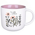 ONRRI 13.5 oz Round Ceramic Mug with Pink Interior, Be Still and Know Psalm 46:10 Text, Double-Sided Print, Microwave Safe, Christian Coffee Cup for Women