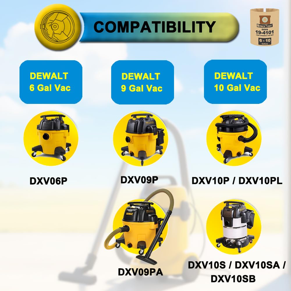 SpaceTent 6 Pack DEWALT DXVA19-4101 High Efficiency Replacement Filter Bags for 6 to 10 Gallon Wet/Dry Vacs - Part # & Vacmaster VHBM