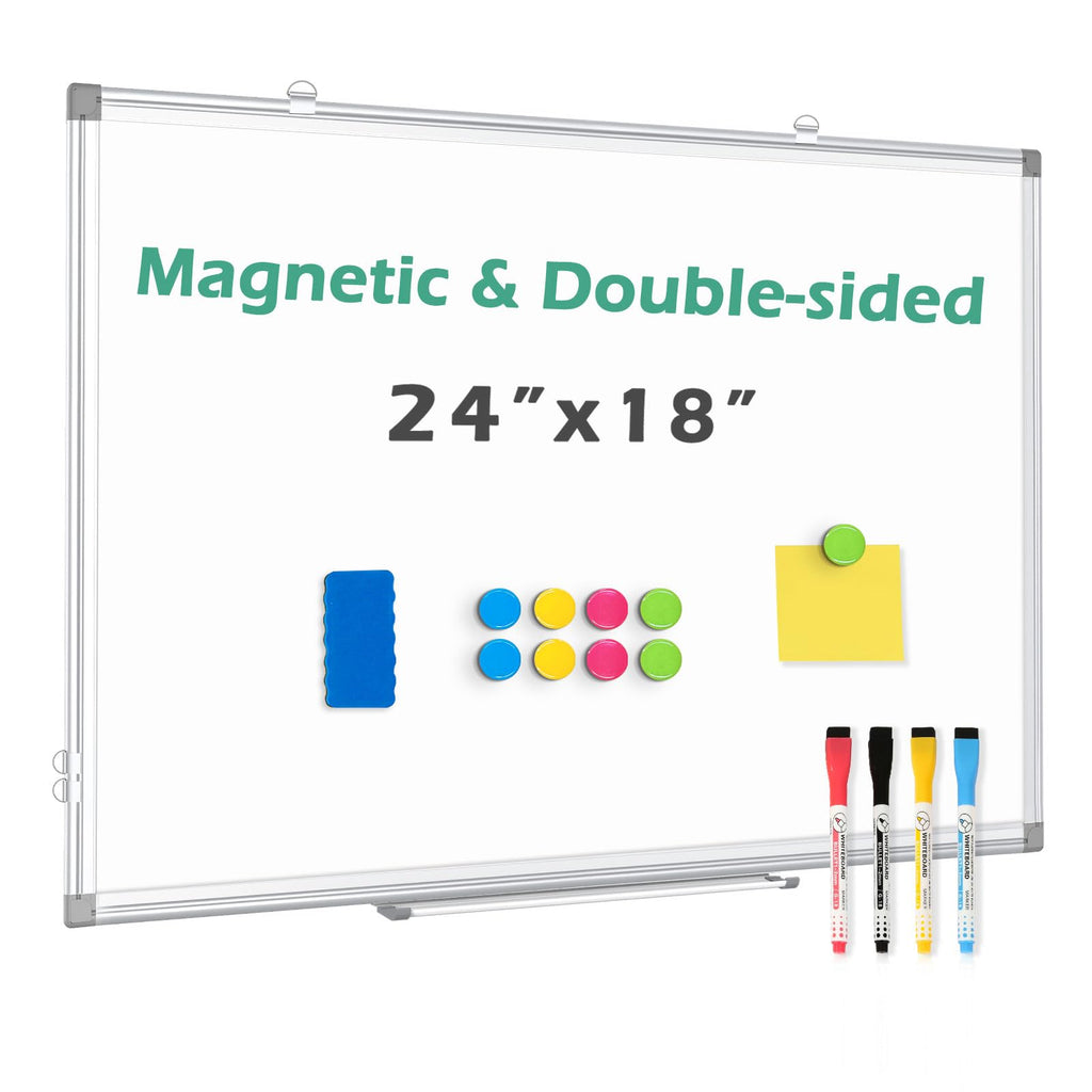 Double-Sided Magnetic Whiteboard for Wall 24 x 18 Inch, Large Dry Erase Board with Silver Aluminum Frame, Horizontal Vertical Hanging with Hole-Free Hooks, Complete 14-Piece Accessory Kit
