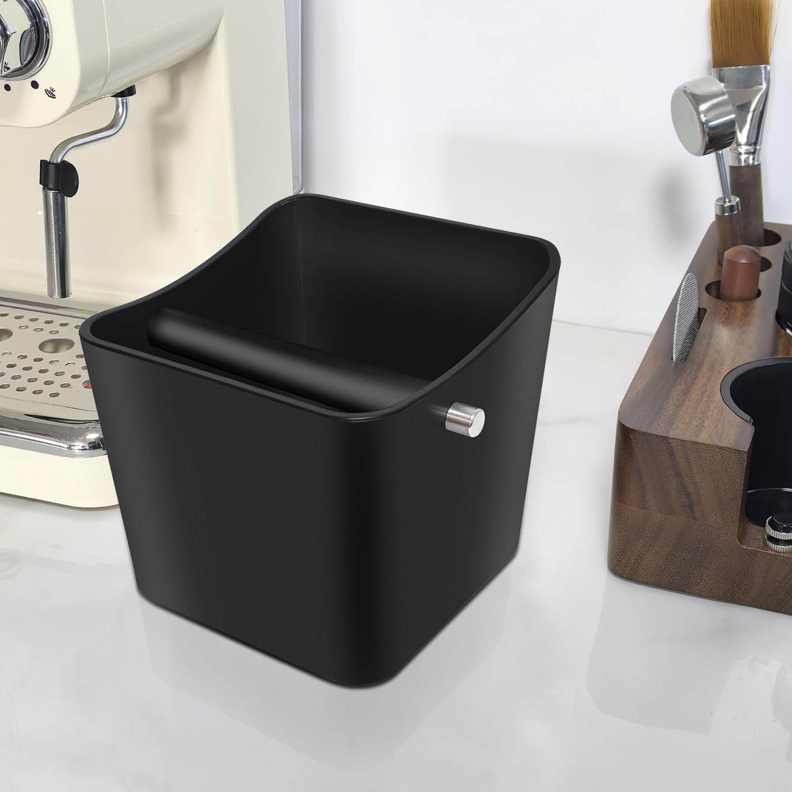 Espresso Knock Box,Coffee Grounds Pucks Knock Box,Coffee Knock Box with Removable Knock Bar and Non-Slip Rubber Base,Shock-Absorbent Durable Espresso Accessories (Black)