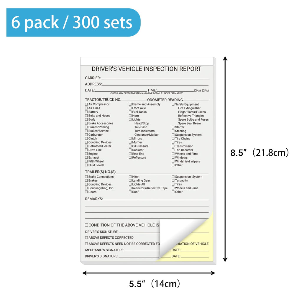 suituts 300 Sets Driver Vehicle Inspection Report Book/Forms, 2 Part Carbonless, 5.5 x 8.5 Inch Daily Pre-Trip Checklist Log for Truck Drivers (50 Sets Each Book)