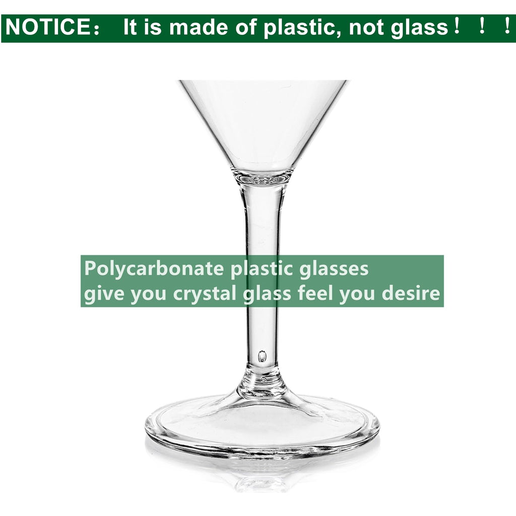 Yopay Set of 6 Unbreakable Martini Glasses, 10 Ounce Plastic Cocktail Glasses for Whiskey, Margarita, Manhattan, Holiday, Party, Reusable, Break Resistant, Clear Polycarbonate Glassware