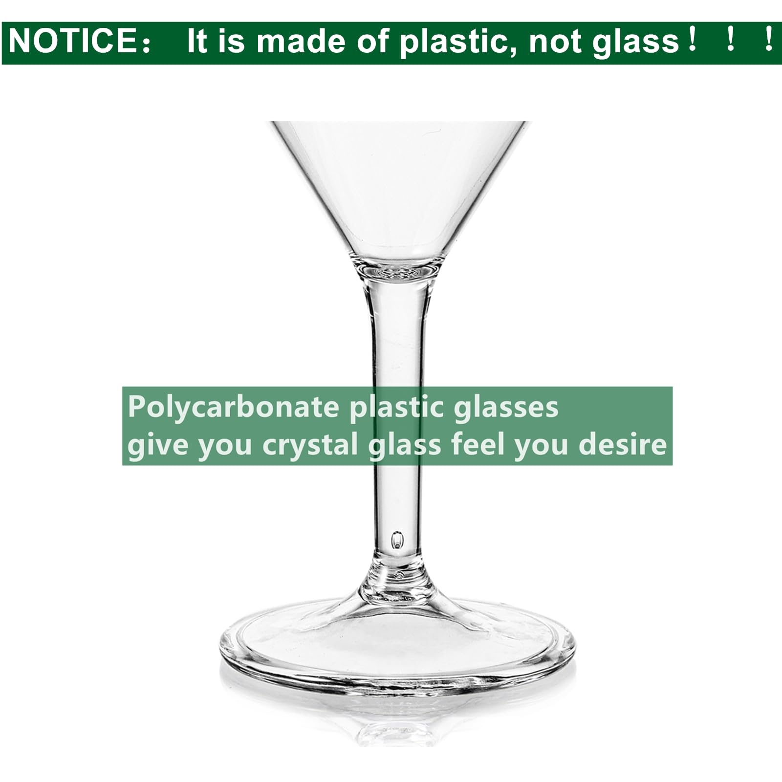 Yopay Set of 6 Unbreakable Martini Glasses, 10 Ounce Plastic Cocktail Glasses for Whiskey, Margarita, Manhattan, Holiday, Party, Reusable, Break Resistant, Clear Polycarbonate Glassware