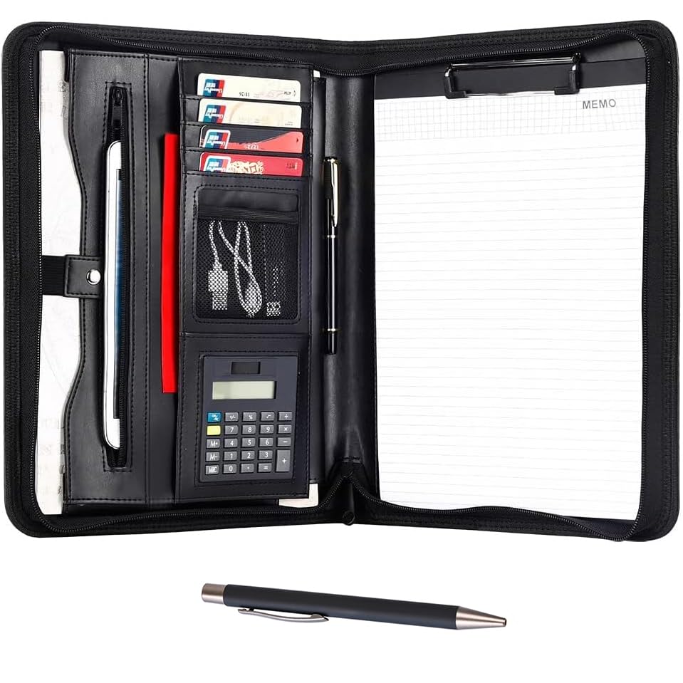 Eshow Padfolio with Zipper, Vegan Leather Portfolio for Business School, Portfolio Folder with 1 Notepad and 1 Pen for Men Women