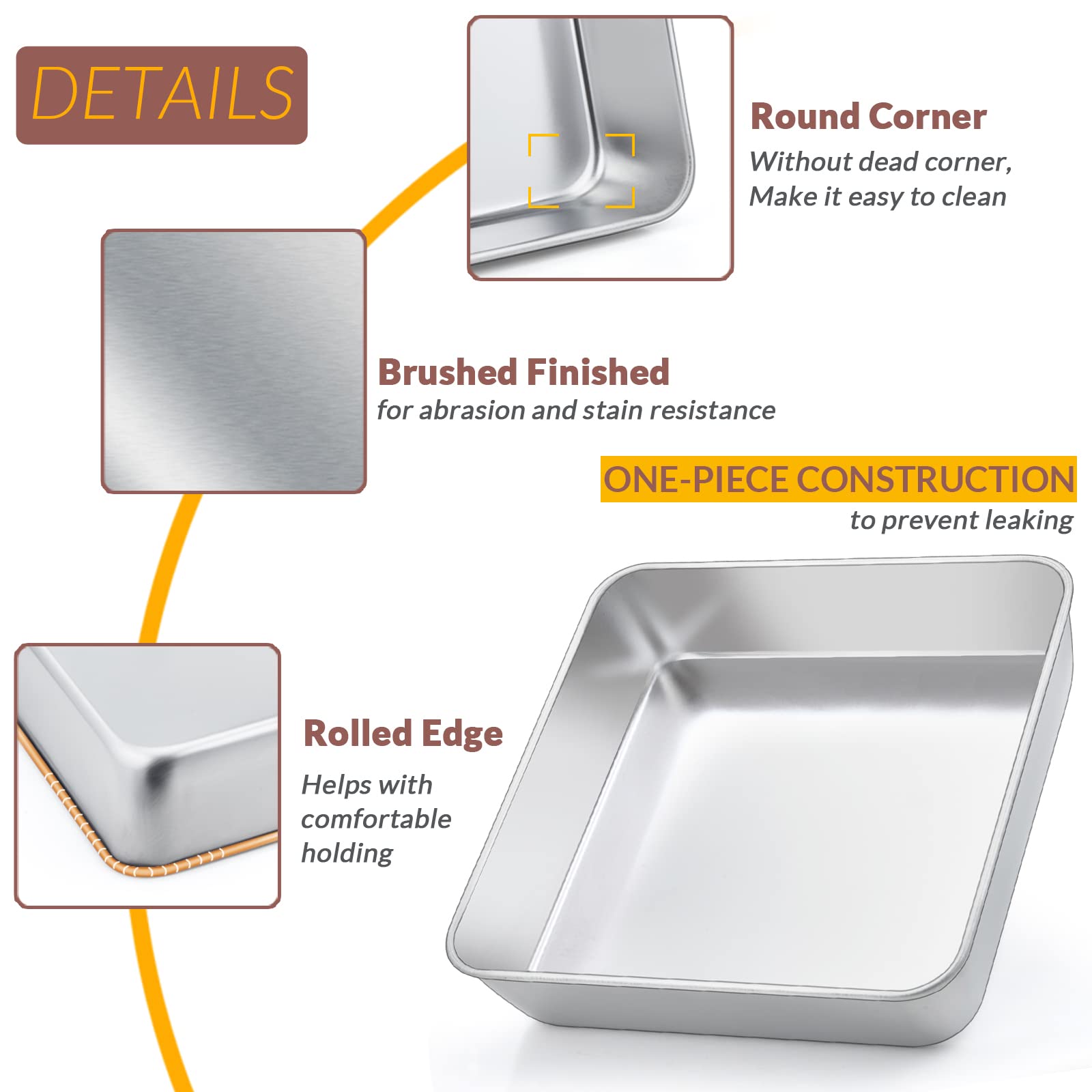 9 x 9-Inch Baking Pan, E-far Square Cake Brownie Baking Pans Stainless Steel Bakeware Set of 2, Fits in Small Toaster Oven, Non-Toxic & Dishwasher Safe