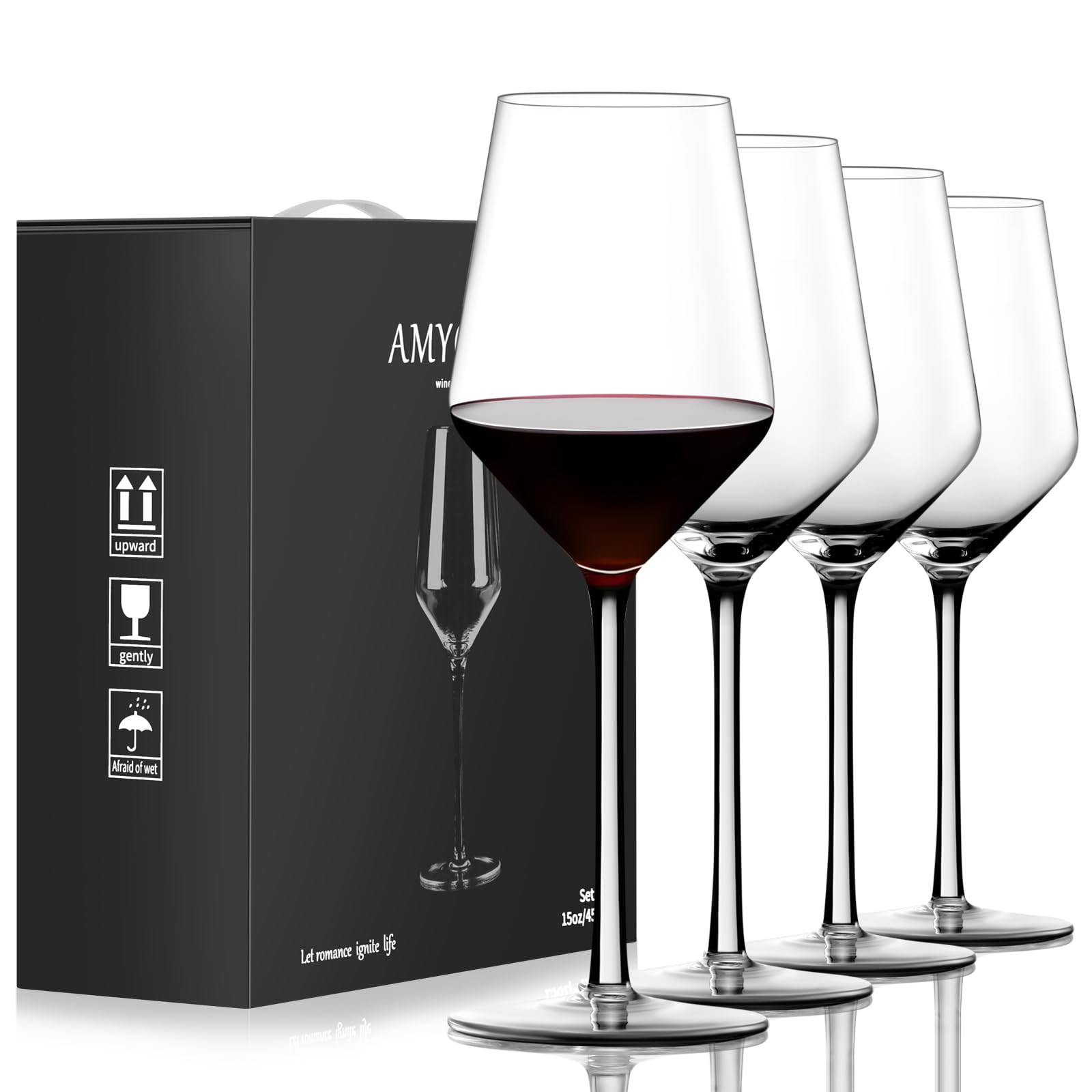 AMYOOLE Red Wine Glasses Set of 4,15 oz Lead-Free Crystal Clear Wine Glass, Hand-Blown Italian White Wine Glass, Great Gift Packaging