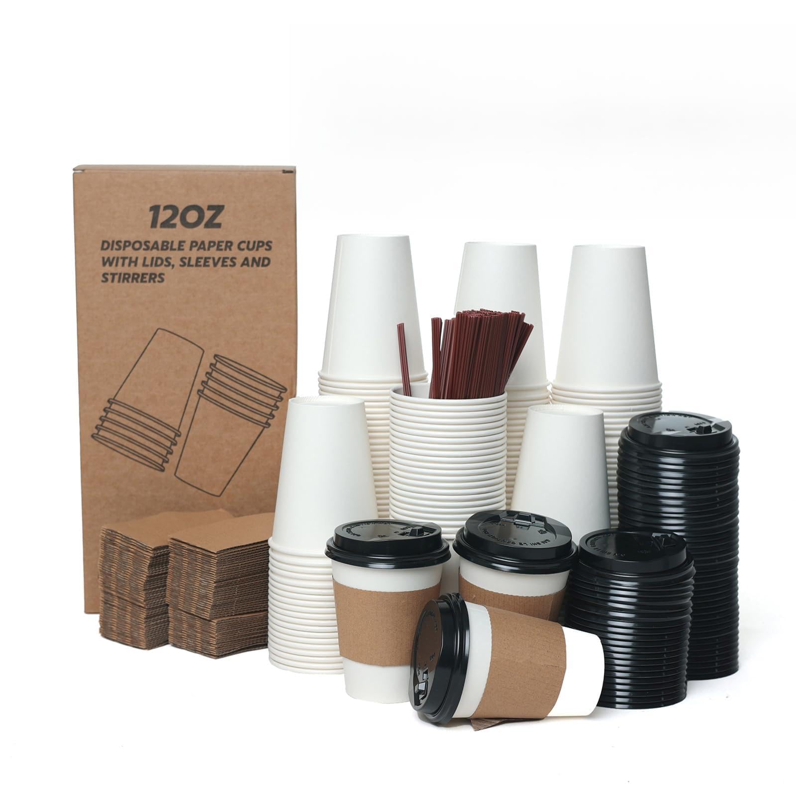 KAWALLO Disposable Paper Coffee Cups Set, 12oz, 100 Pack, White, for Hot and Cold Beverages (KAWALLO Disposable Paper Coffee Cups Set, 12oz with Lids, Sleeves, Stirrers, 100 Pack, White)