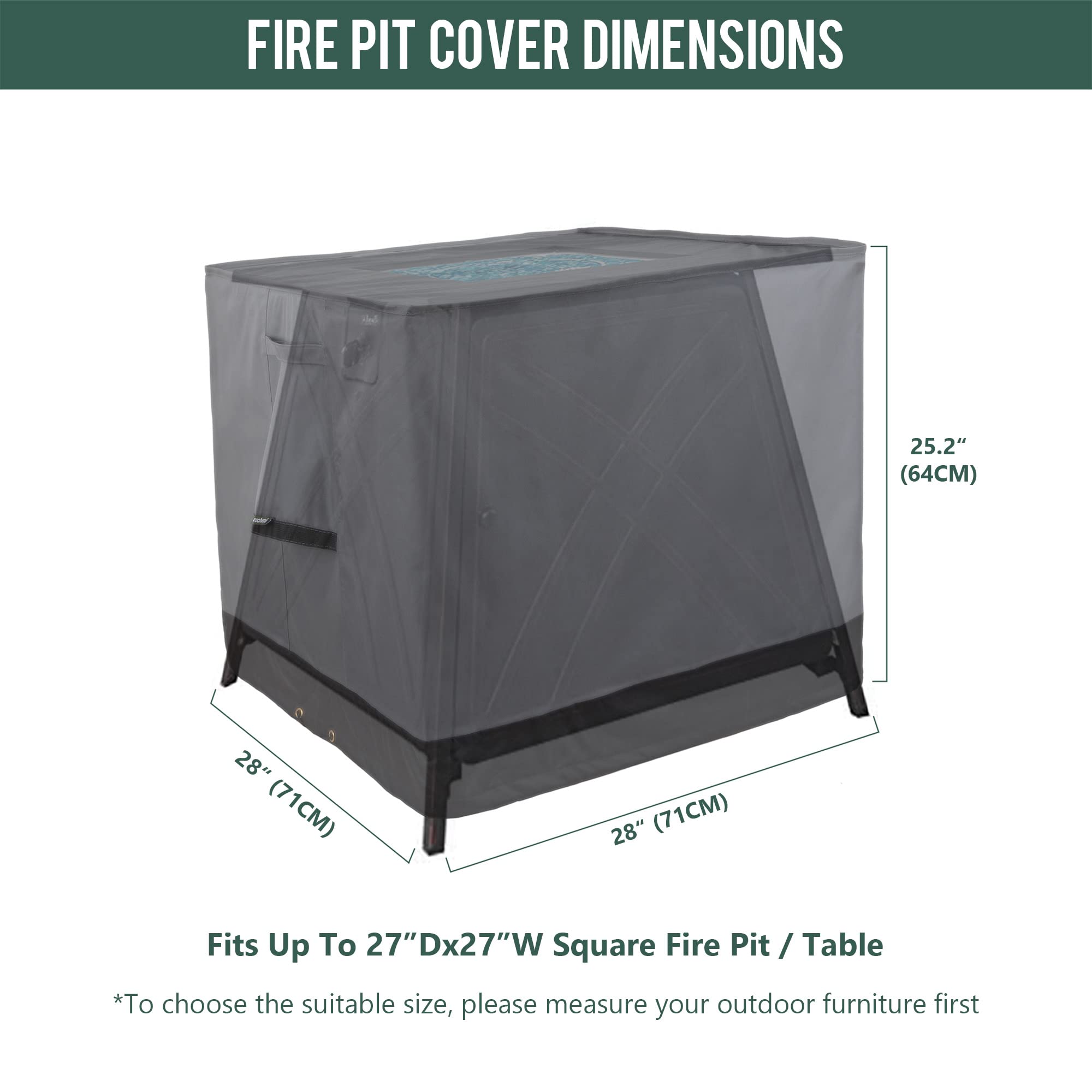 Rachmi Square Gas Fire Pit Cover 28 Inch, Heavy Duty 600D Oxford Water Resistant Anti UV & Fade Outdoor Patio Furniture Cover for Coffee & Side Table, (28"Wx28"Dx25.2"H, Gray/Black)
