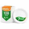 OasisSN 7 Inch 128 Pack Compostable Disposable Paper Plates, Heavy Duty Sugarcane Bagasse Plates, Biodegradable Eco-Friendly for Snacks & Parties, White