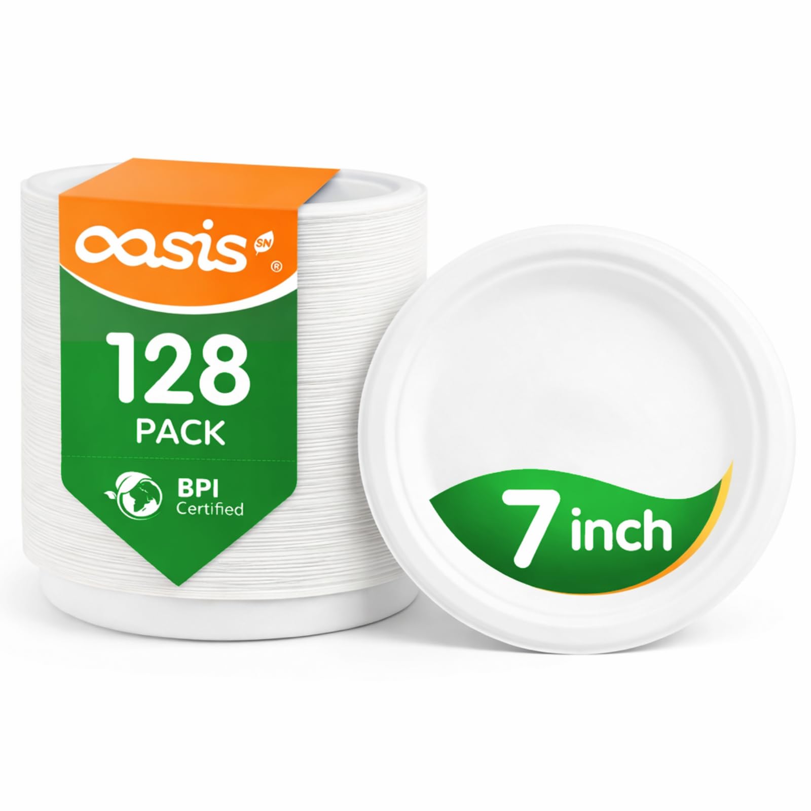 OasisSN 7 Inch 128 Pack Compostable Disposable Paper Plates, Heavy Duty Sugarcane Bagasse Plates, Biodegradable Eco-Friendly for Snacks & Parties, White