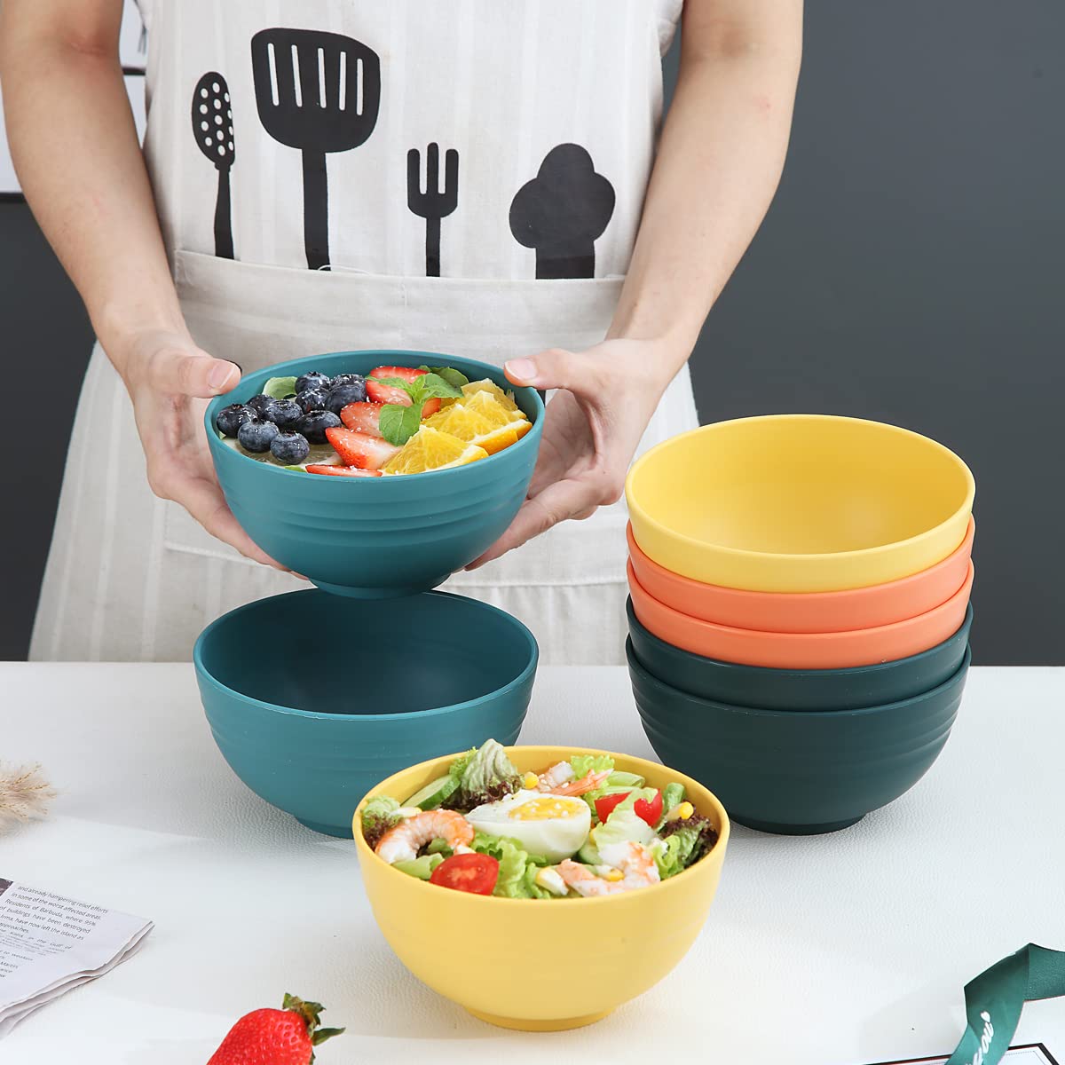 Kyraton Plastic Cereal Bowls 8 Pieces, Unbreakable and Reusable Light Weight Bowl for Rice Noodle Soup Snack Salad Fruit BPA Free Dishwasher Safe (Mutil Color)