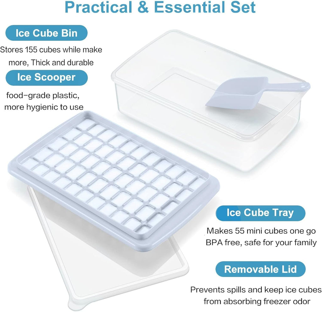ARTLEO Ice Cube Maker Trays for Freezer with Lid and Storage Box, Easy Release 55 Mini Nugget Ice Cubes Tray with Cover, Ice Holder, Scooper, Flexible Durable Plastic Ice Mold & Bin, BPA Free