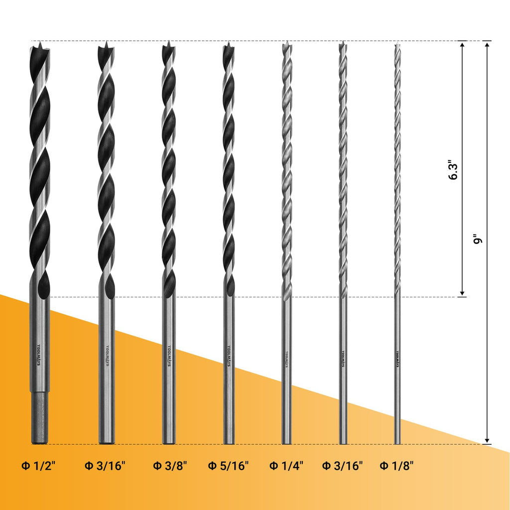 Extra Long 9.05" Brad Point Wood Drill Bit Set Metric - 7 Pack Carpenters Quality - Drill Splinter-Free Perfectly Round Holes in All Types of Wood (1/8",3/16",1/4", 5/16",3/8",7/16",1/2")