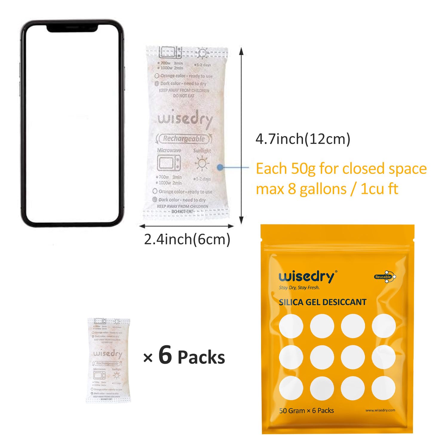 wisedry 50 Gram [6PACKS] Rechargeable Silica Gel Desiccant Packets Fast Reactivate Desiccant Bags Orange to Green indicating for Air Dryer Food Grade