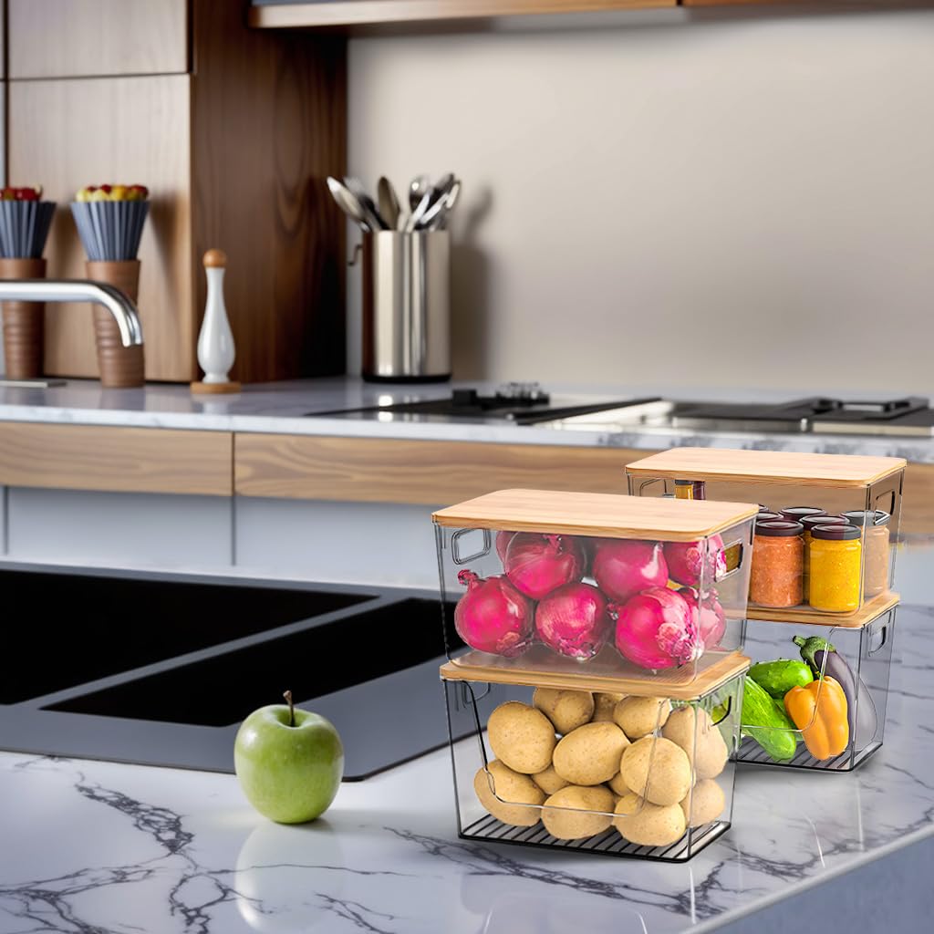 2 Pack Potato and Onion Storage Bin, Stackable Clear Fruit and Vegetable Storage, Acrylic Pantry Organizers and Storage with Bamboo Lid for Potato Onion Produce Vegetable Storage (Clear, XL-2 PACK)