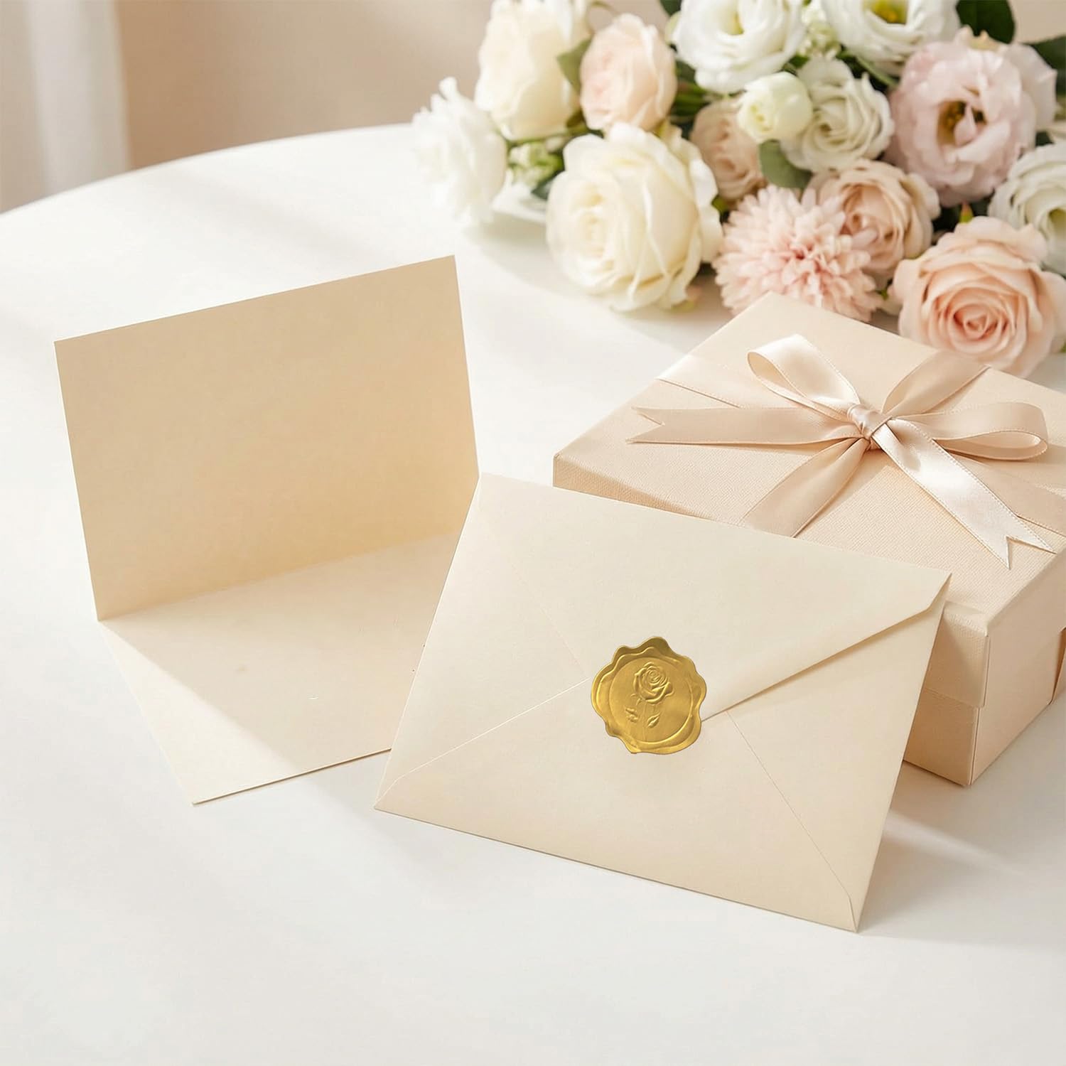 Acidea 50 Pack Ivory A6 Envelopes with Plain Cards, 120GSM Envelopes with 250GSM Folding Blank Cards and Gold Stickers, Perfect Stationary Set for Wedding Invitations, Birthday, Holiday, Greeting Card