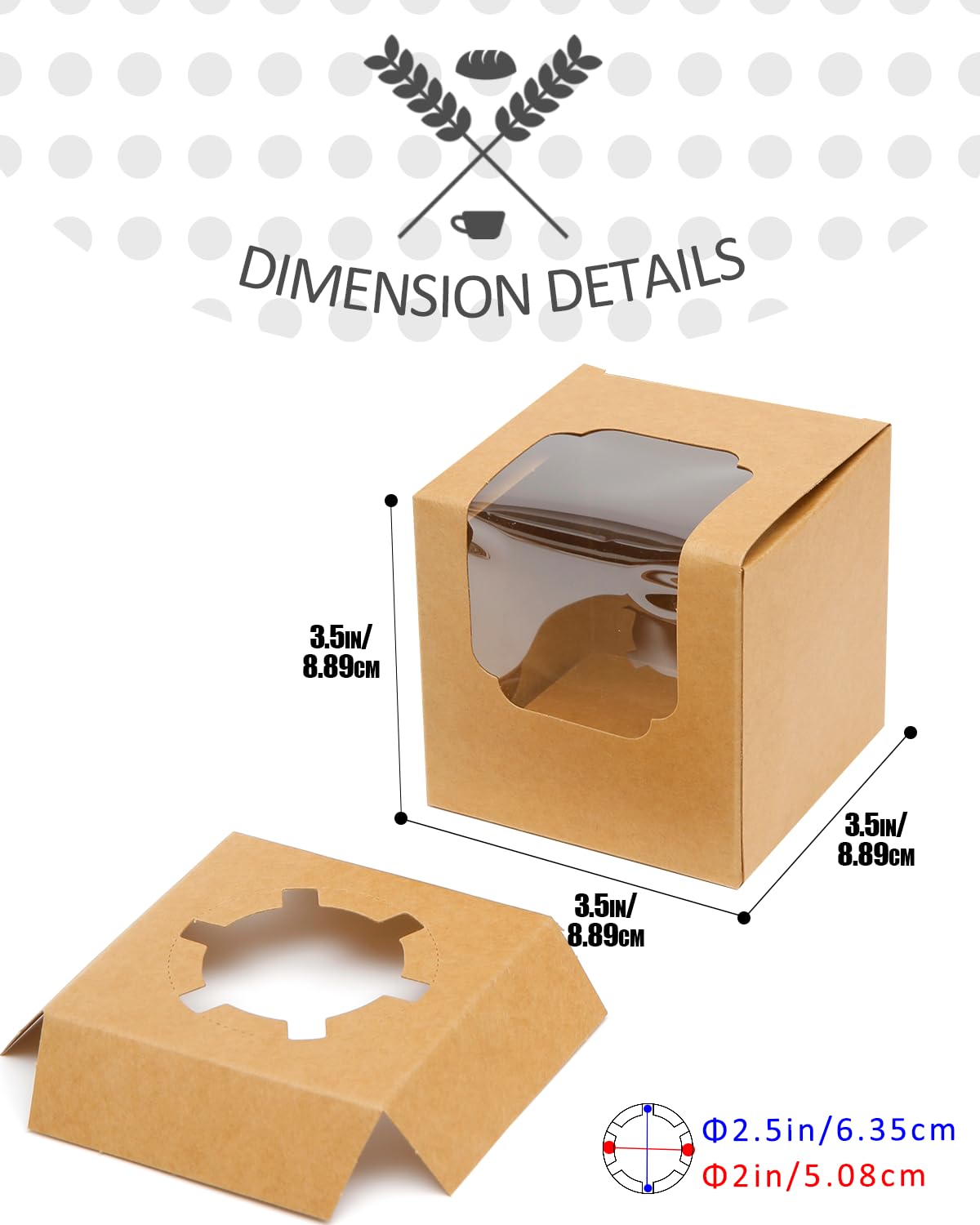 qiqee Brown Cupcake Boxes Individual Cupcake Container 100pcs 3.5" x 3.5" x 3.5" Auto-Pop up Single Cupcake Boxes (100 Boxes+100 Inserts)