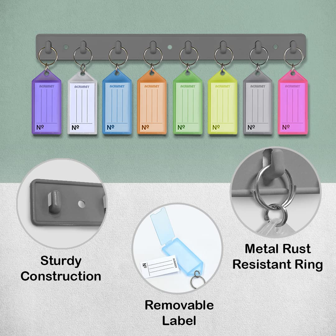 Acrimet Key Tag Rack w/ 8 Keyring Tags (Self-Adhesive Key Storage Rack) (2 Pack) (Assorted Color)