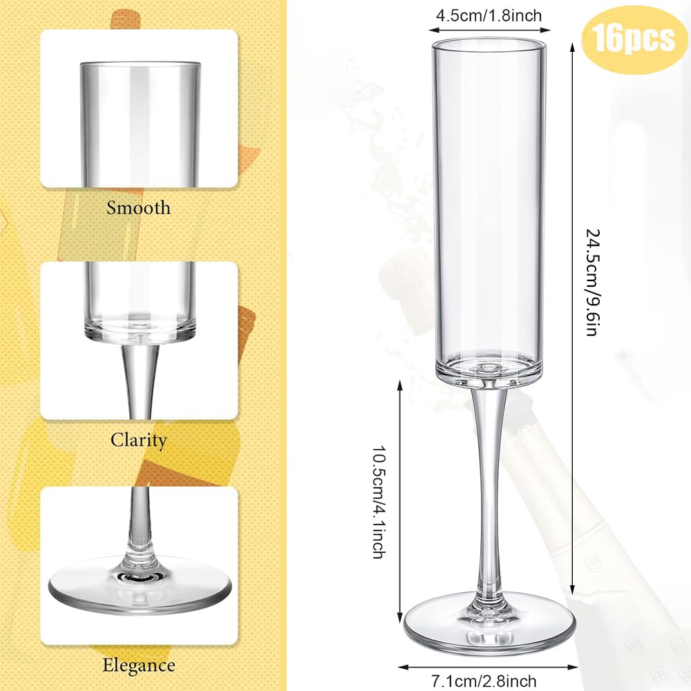 16 Pack Plastic Champagne Flutes,6 Oz Unbreakable Acrylic Clear Goblet Glasses, Reusable Champagne Toasting Cups for Party Birthday Anniversary Wedding Thanksgiving