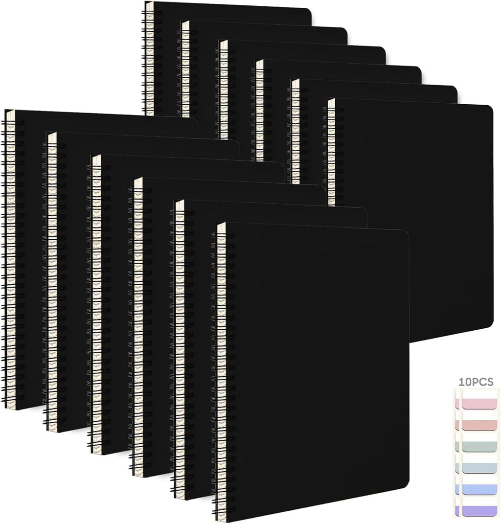 12Pack Spiral Notebook with 10pcs Sticky Tabs,A5 Lined Notebooks120 Pages,Hardcover Notebook for Women Men,Coil Notepad,5.5" x 8.3",Lined Paper for Work, School,Office（Black）