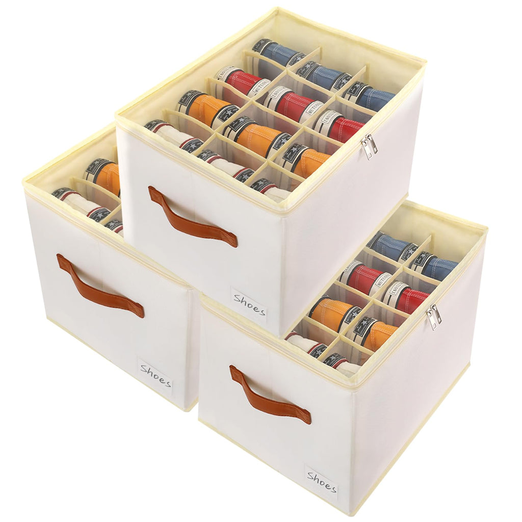 Patinao 3 Pack Shoe Storage Box Organizer for Closet - 24 Cell Space Saver Shoes Containers Bin with Clear Lids Stackable, Can Fit Ottoman, Foldable Shoe Rack Cabinet Cubby for Wardrobe
