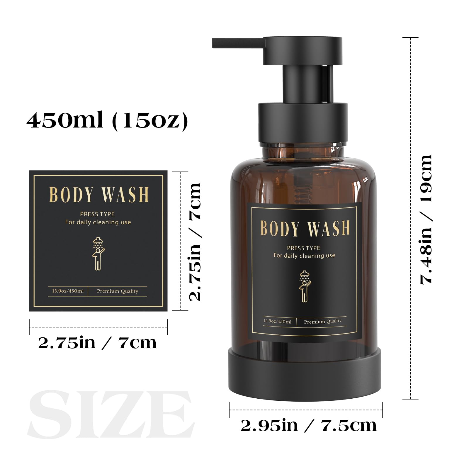 Luxspire Foaming Soap Dispenser, Glass Foam Pump Soap Dispenser, Non-Slip Hand Soap Dispenser with 5 Waterproof Labels, 15 Oz Refillable Liquid Soap Dispenser for Bathroom & Kitchen, Amber, 2 Pack