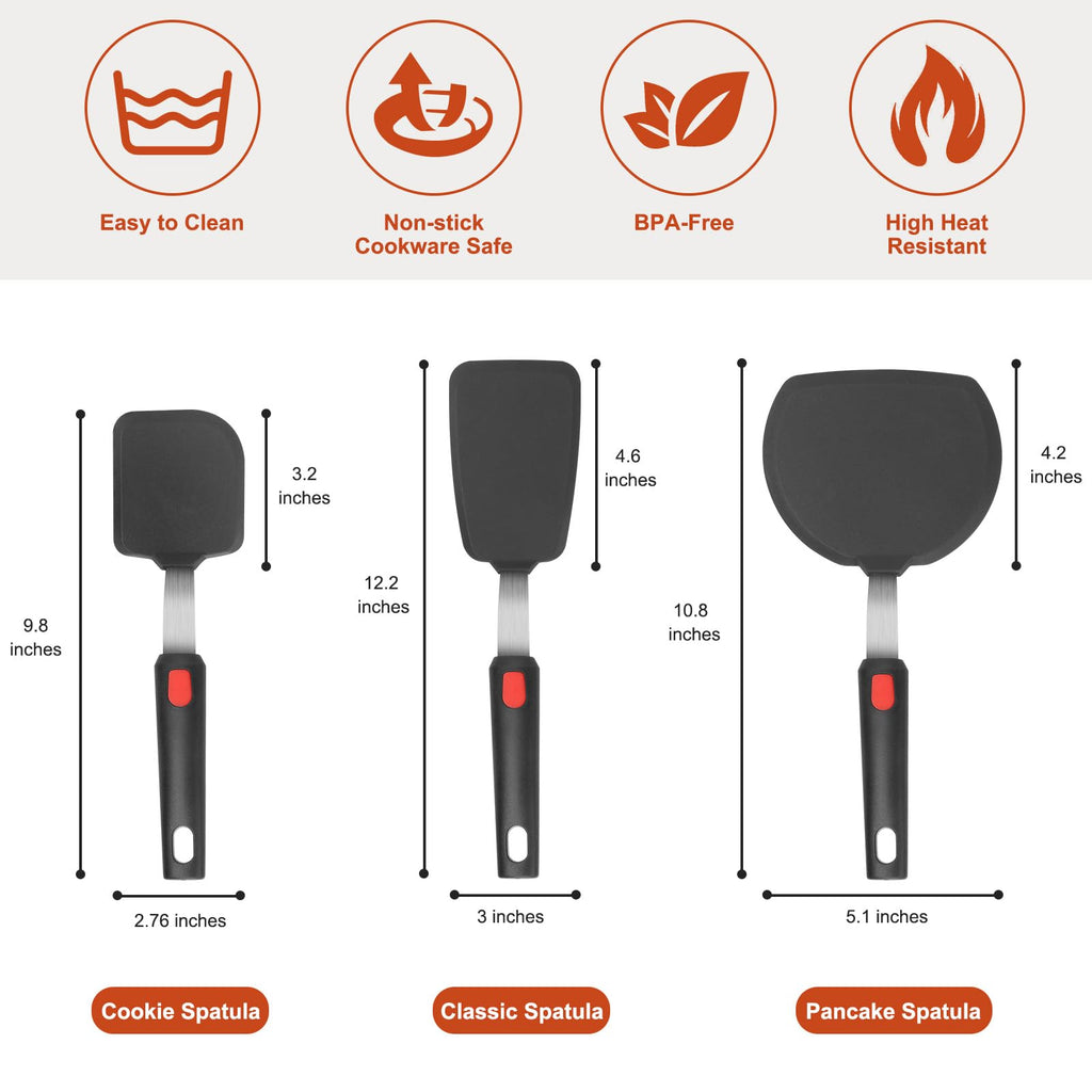 Hotec Silicone Spatula Turner for Nonstick Cookware, Flexible 600F Heat Resistant Cooking Utensils, Ideal for Flipping Eggs, Burgers, Pancakes, Crepes(3 Pack)