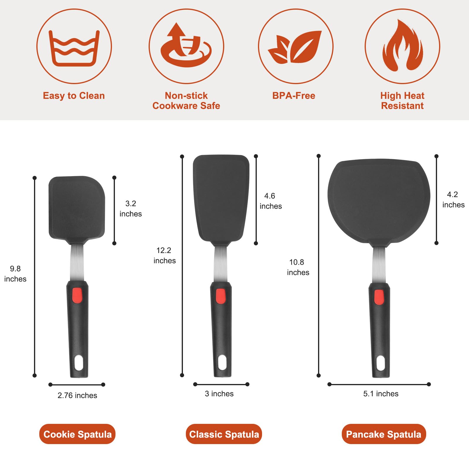 Hotec Silicone Spatula Turner for Nonstick Cookware, Flexible 600F Heat Resistant Cooking Utensils, Ideal for Flipping Eggs, Burgers, Pancakes, Crepes(3 Pack)