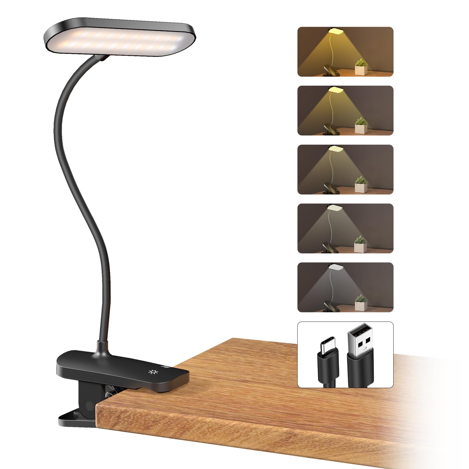 CUHIOY Desk Lamp Clip on Reading Light, USB-C Battery-Operated Rechargeable Table Lamps with Clamp for Dorm Home Office, 38LEDs Bed Headboard Light, 5 Colors 5 Brightness, Flexible Gooseneck（Black）