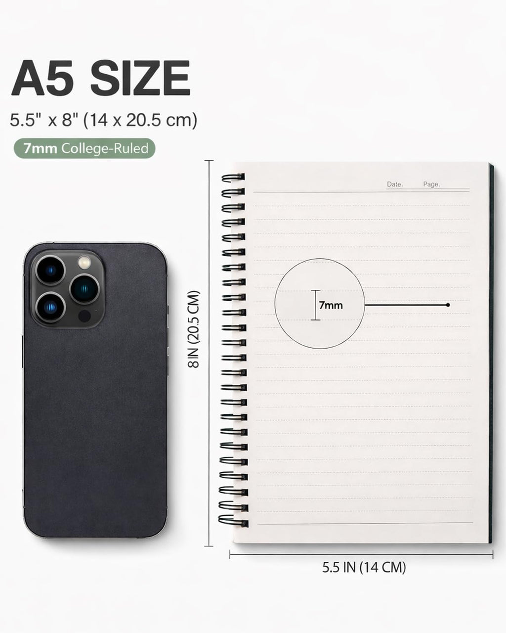 A5 Spiral Notebooks, 6-Pack, College Ruled 7mm Lined Paper, 160 Pages (80 Sheets) Each, Durable Poly Cover, Lay-Flat 180° – Notebooks for School & Work, Subject & Project Notes (Black)