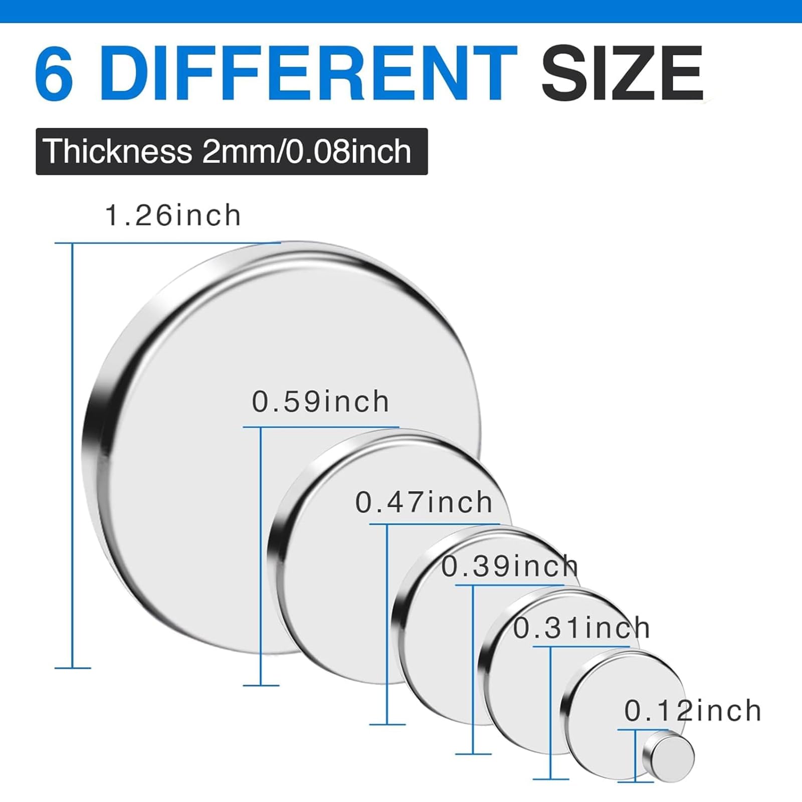 TRYMAG 255Pcs Small Magnets, 32X2mm 2P, 15X2mm 20P, 12x2mm 25P, 10x2mm 50P, 8X2mm 70P, 3x2mm 88P, 6 Different Size, Rare Earth Magnets for Crafts, Heavy Duty Round Refrigerator Magnet