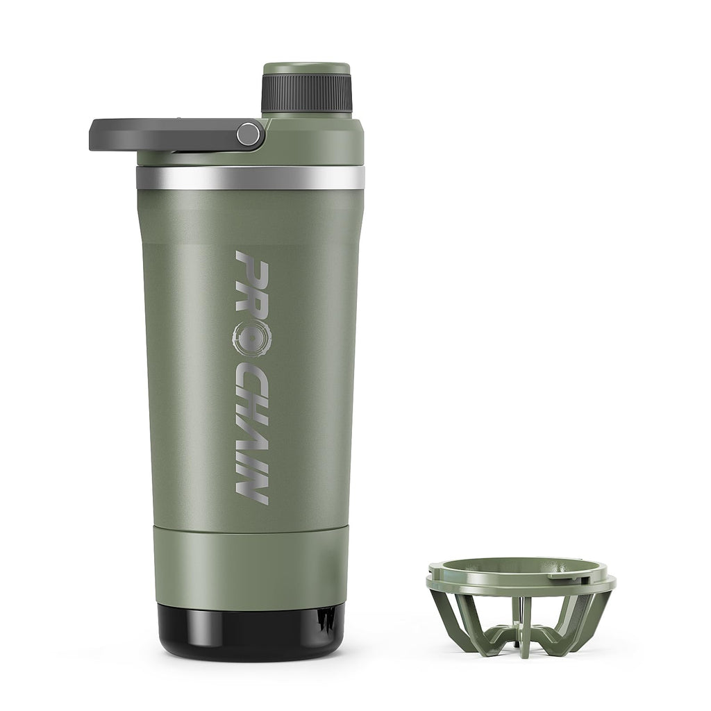 PROCHAIN Insulated Stainless Steel Shaker Bottle, Metal Shaker Cup for Protein Shakes with Storage, Leak-Proof Twist Lock Lid, Perfect for Gym Sports, 20 oz (Dark Green)
