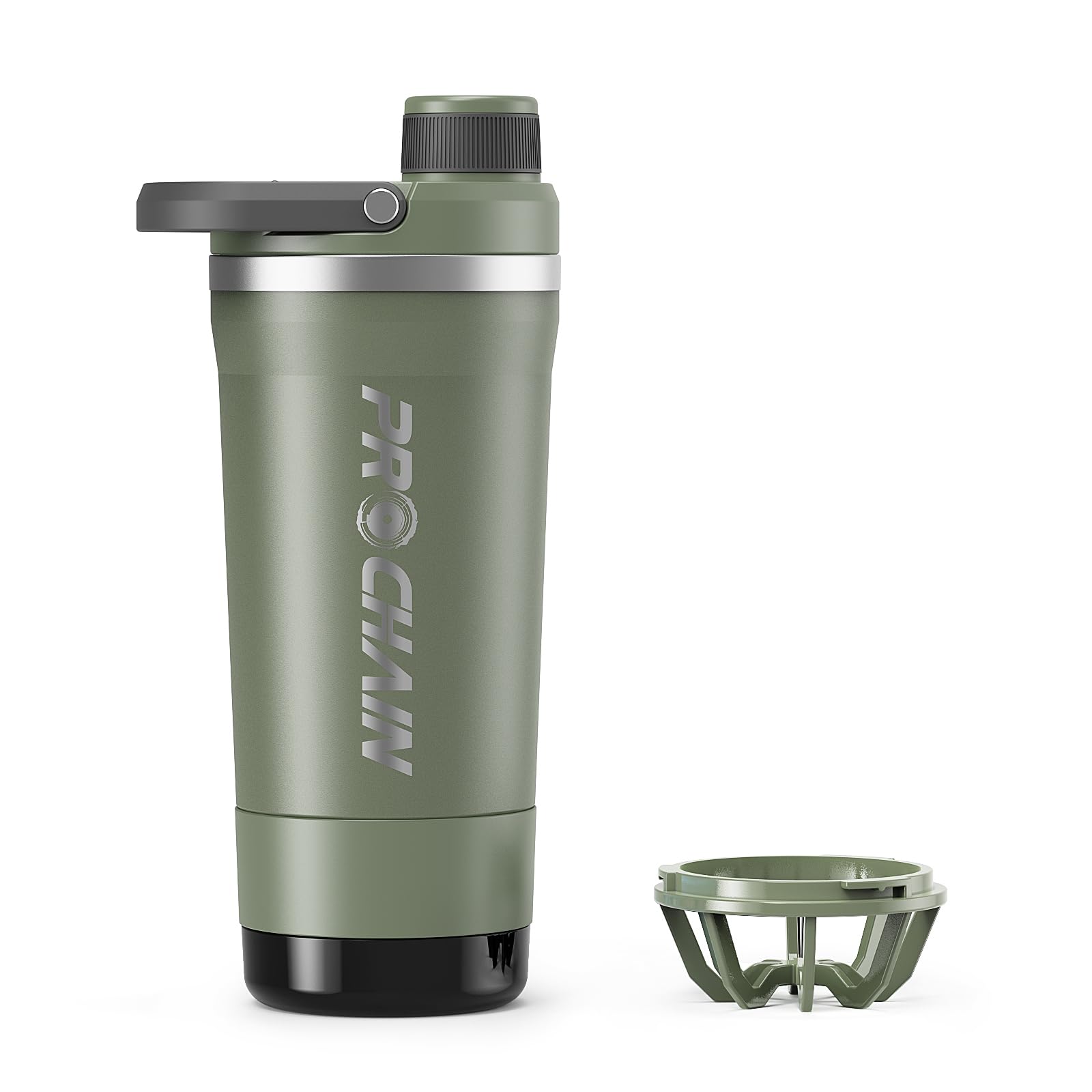 PROCHAIN Insulated Stainless Steel Shaker Bottle, Metal Shaker Cup for Protein Shakes with Storage, Leak-Proof Twist Lock Lid, Perfect for Gym Sports, 20 oz (Dark Green)
