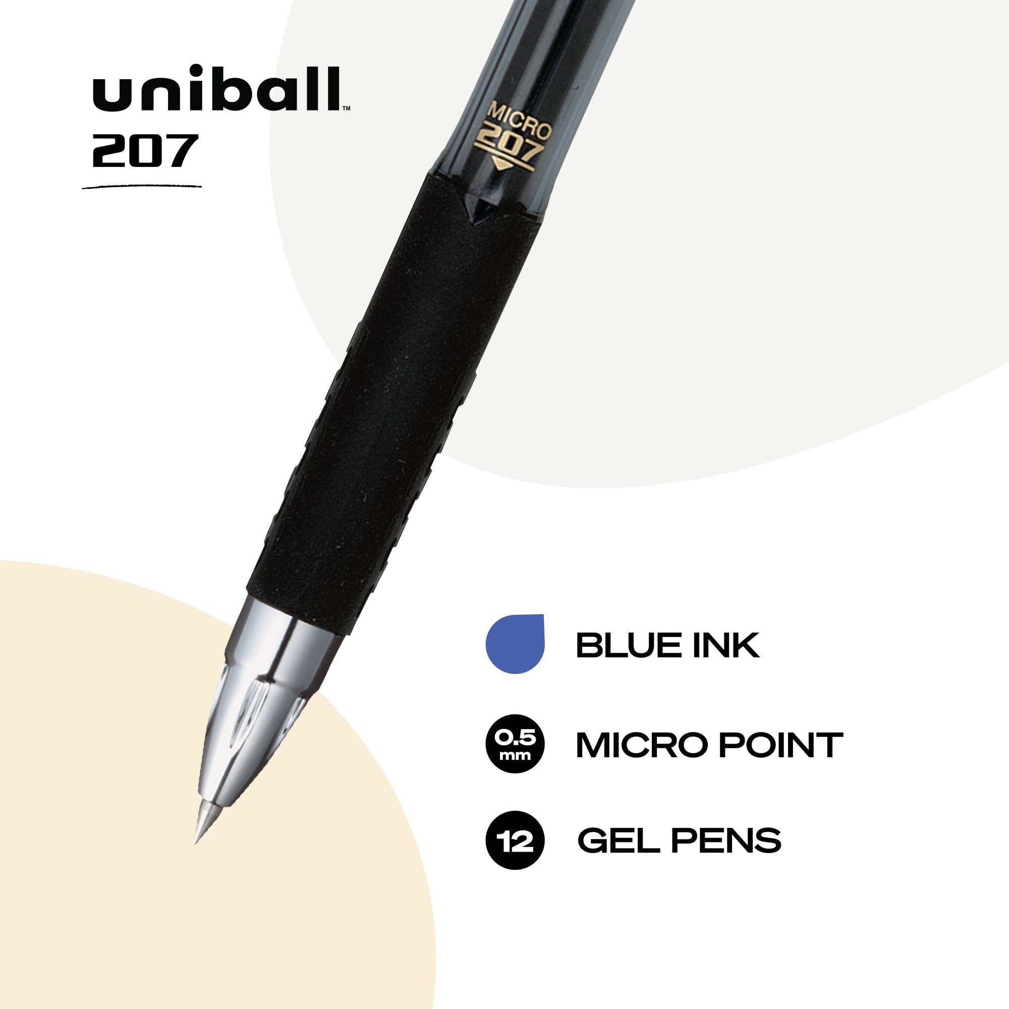 uni-ball 207 Rollerball Gel, Gel Retractable Roller Ball Pen Micro-0.5mm, 12 Pack, Blue Ink (61256)