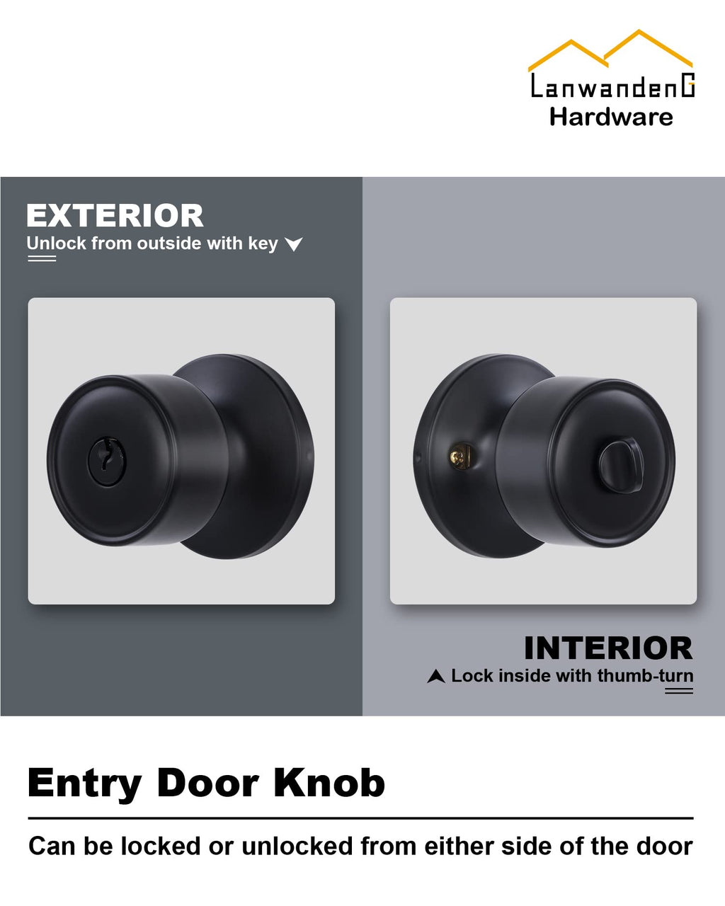 Lanwandeng Keyed Alike Entry Door Knob with Lock, Matte Black Door knobs with Lock for Bedroom/Bathrooom, Exterior/Entrance Door Lock