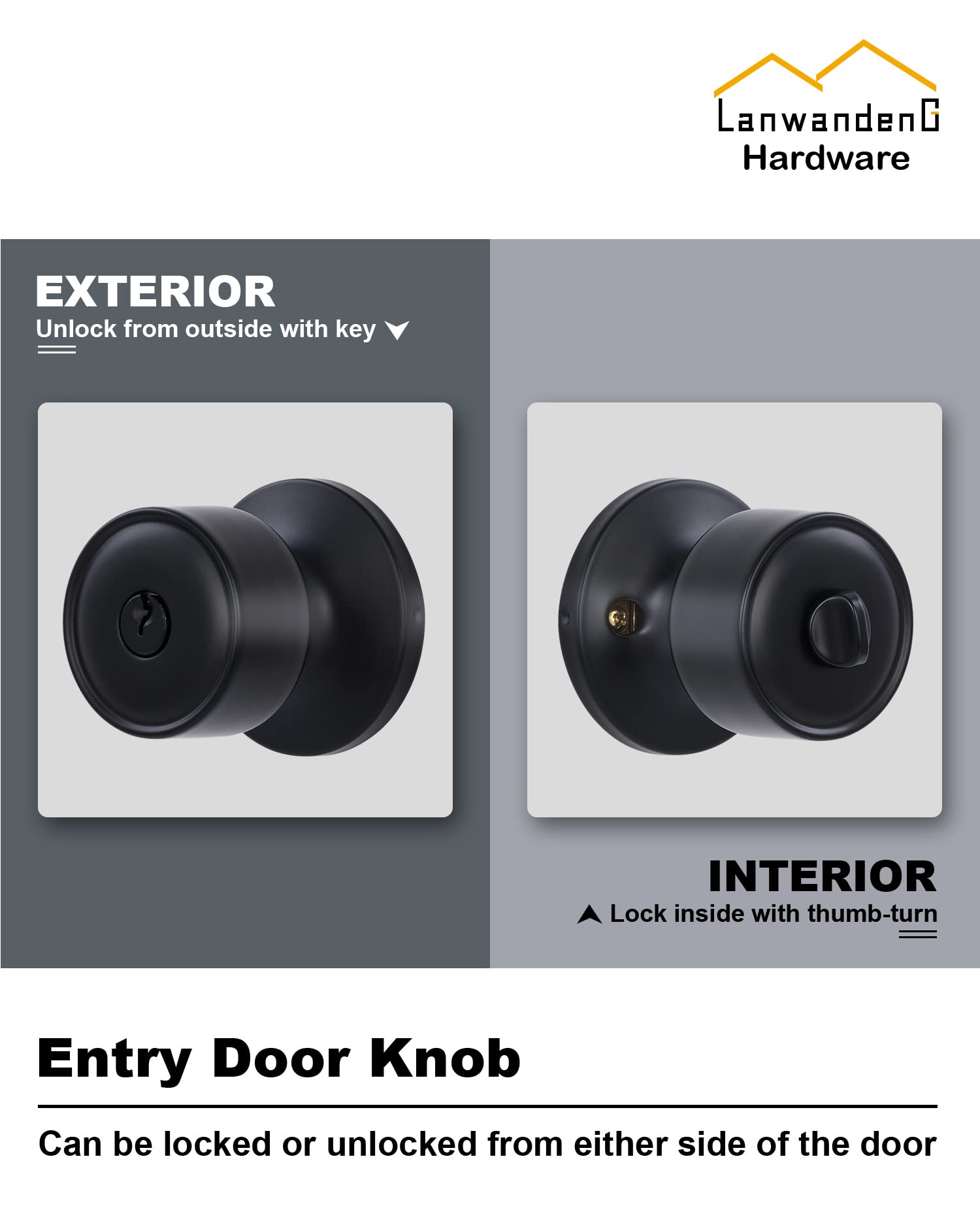 Lanwandeng Keyed Alike Entry Door Knob with Lock, Matte Black Door knobs with Lock for Bedroom/Bathrooom, Exterior/Entrance Door Lock