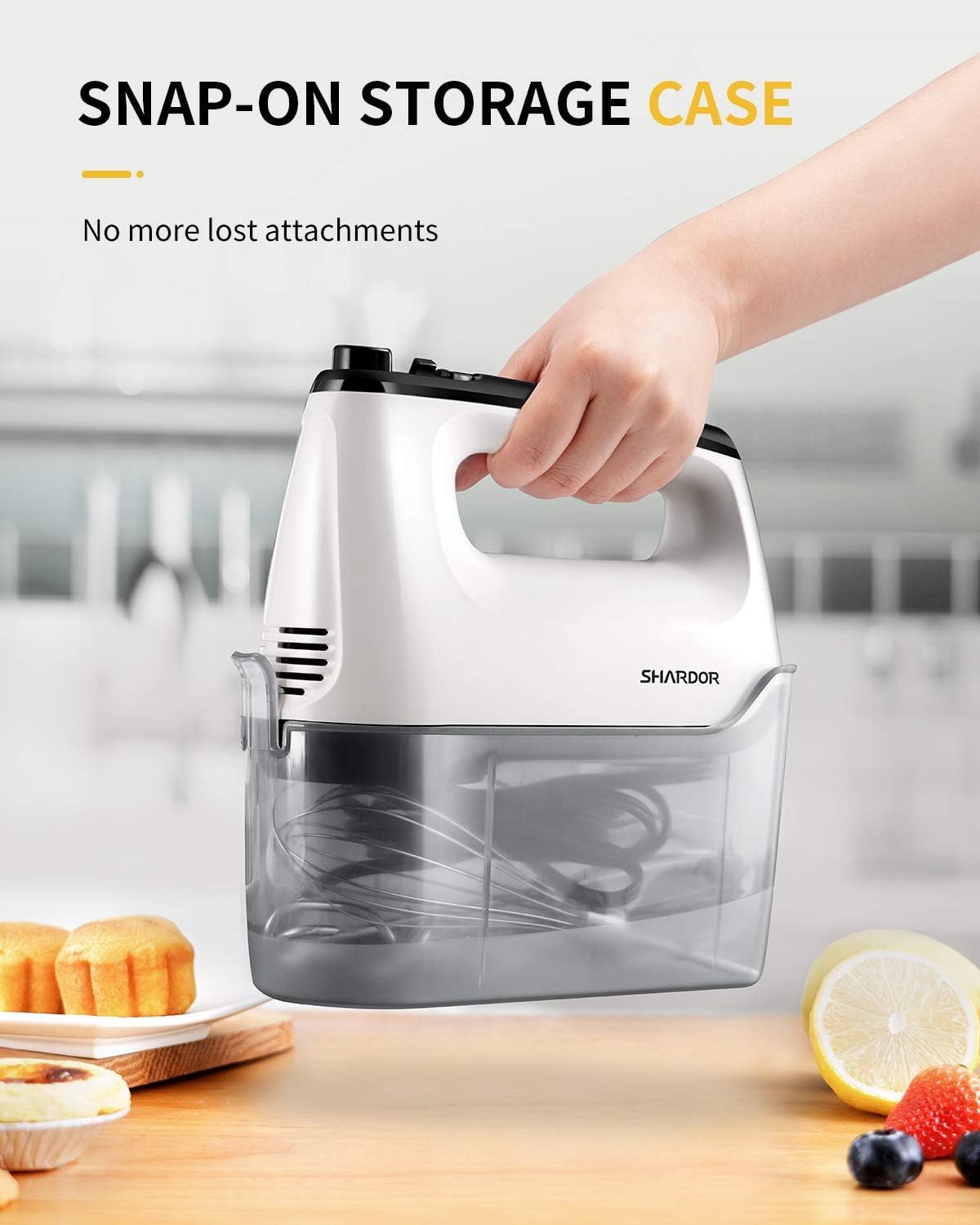 SHARDOR Hand Mixer Electric 6 Speed & Turbo Electric Mixer Handheld Snap-On Storage Case, 5 Stainless Steel Accessories Mixers for Baking, Whipping, Mixing Cookies, Brownie, Cakes Dough, Batters White