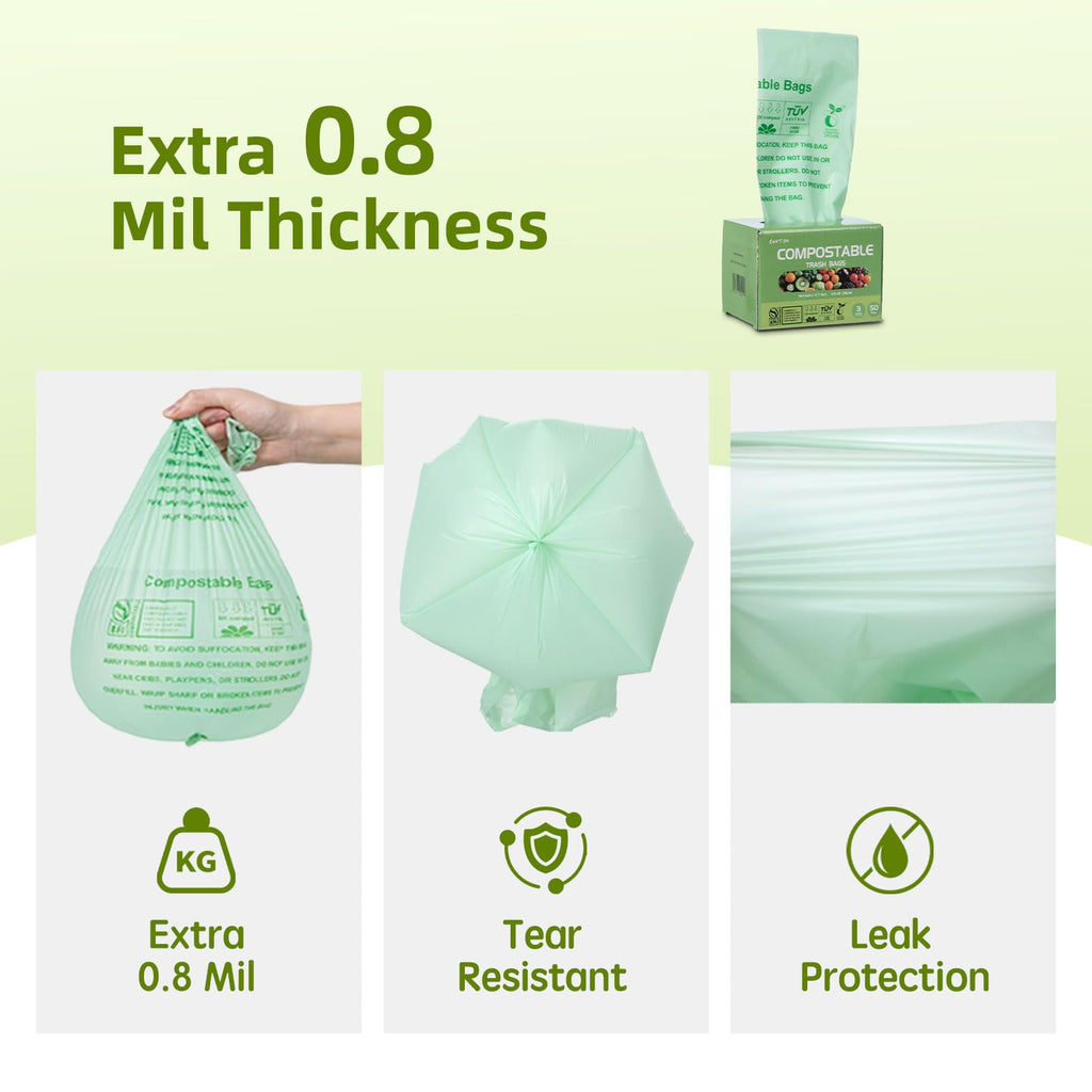Compostable Trash Bags, Small Compost Bags 3 Gallon, 16.9" x 17.7", Compostable Food Scrap Bags for Kitchen Waste, 0.8 Mils Thick Green Bin Liners for Garbage Disposal, 50-Count