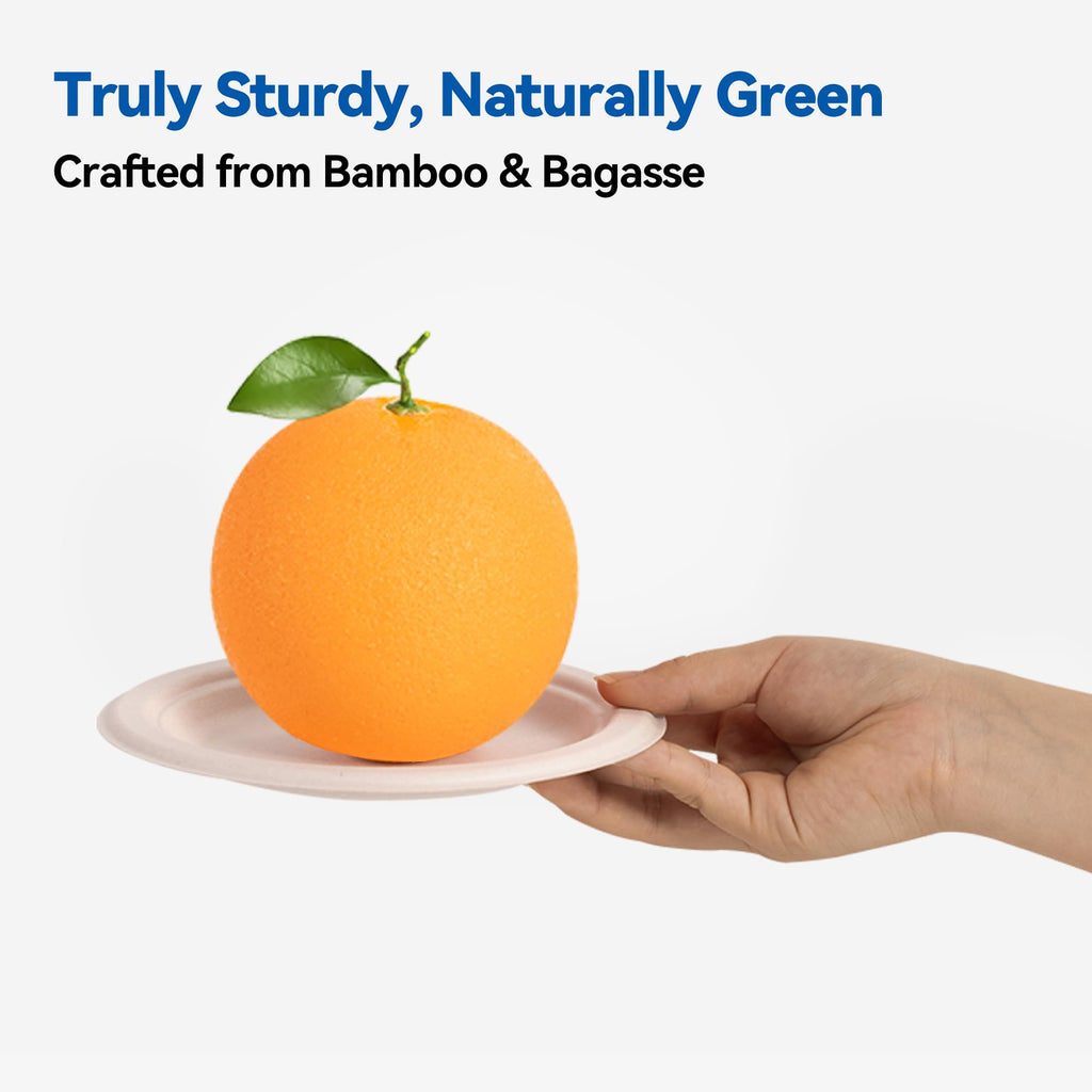 Leafory 7 Inch Compostable Paper Plates 100 Pack – Heavy Duty, Eco-Friendly, Biodegradable Sugarcane & Bamboo Fiber, Natural Disposable Plates for Party, Camping & Everyday Use