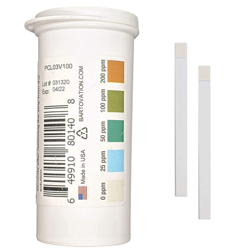 Restaurant Chlorine Sanitizer Plastic Test Strips, 0-200 ppm [Moisture Wicking Vial of 100 Strips]