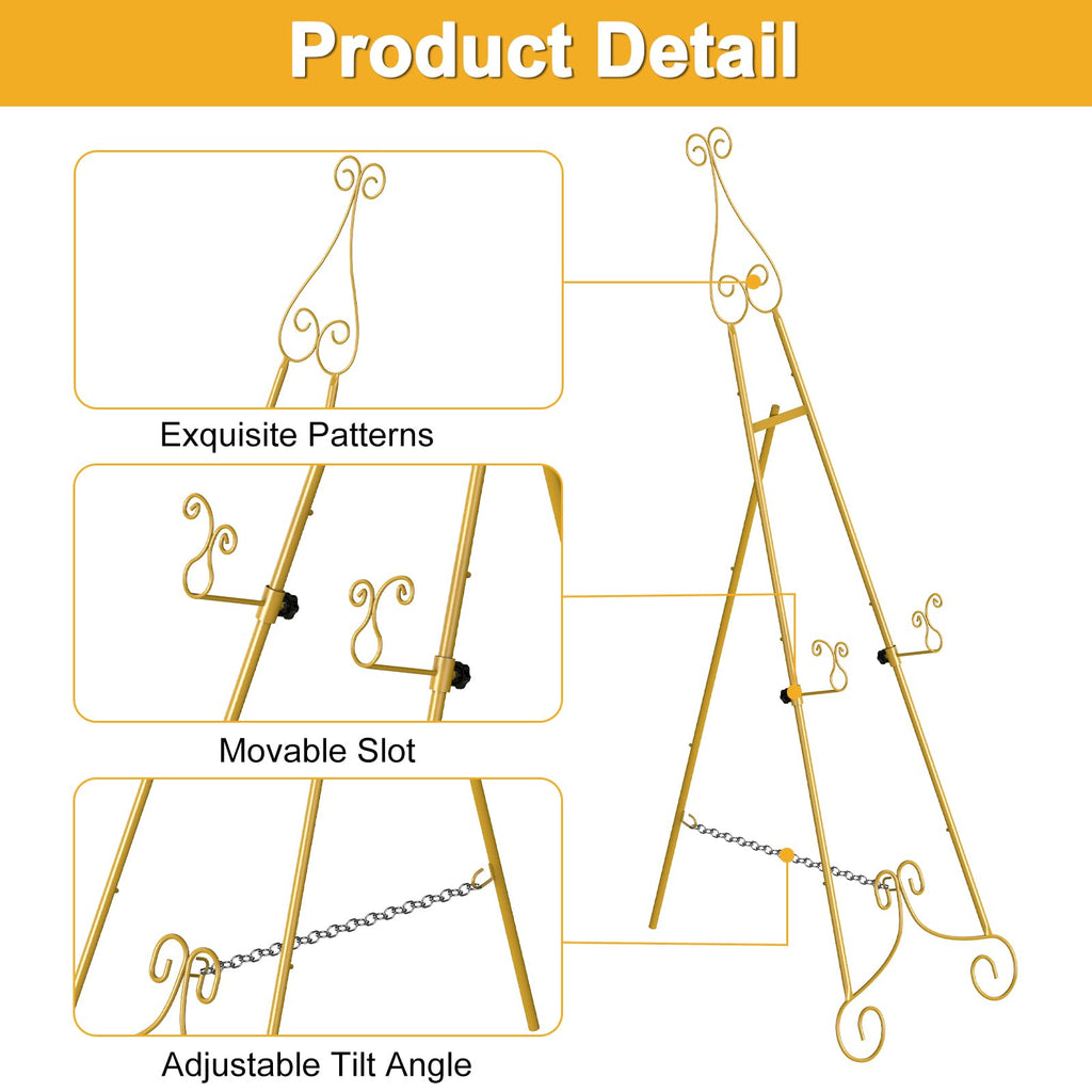 1 PC Easel Stand for Sign, Metal Poster Easel Holder, Adjustable Wedding Sign Stand with Chain Support for Display, Party Painting, Gold.