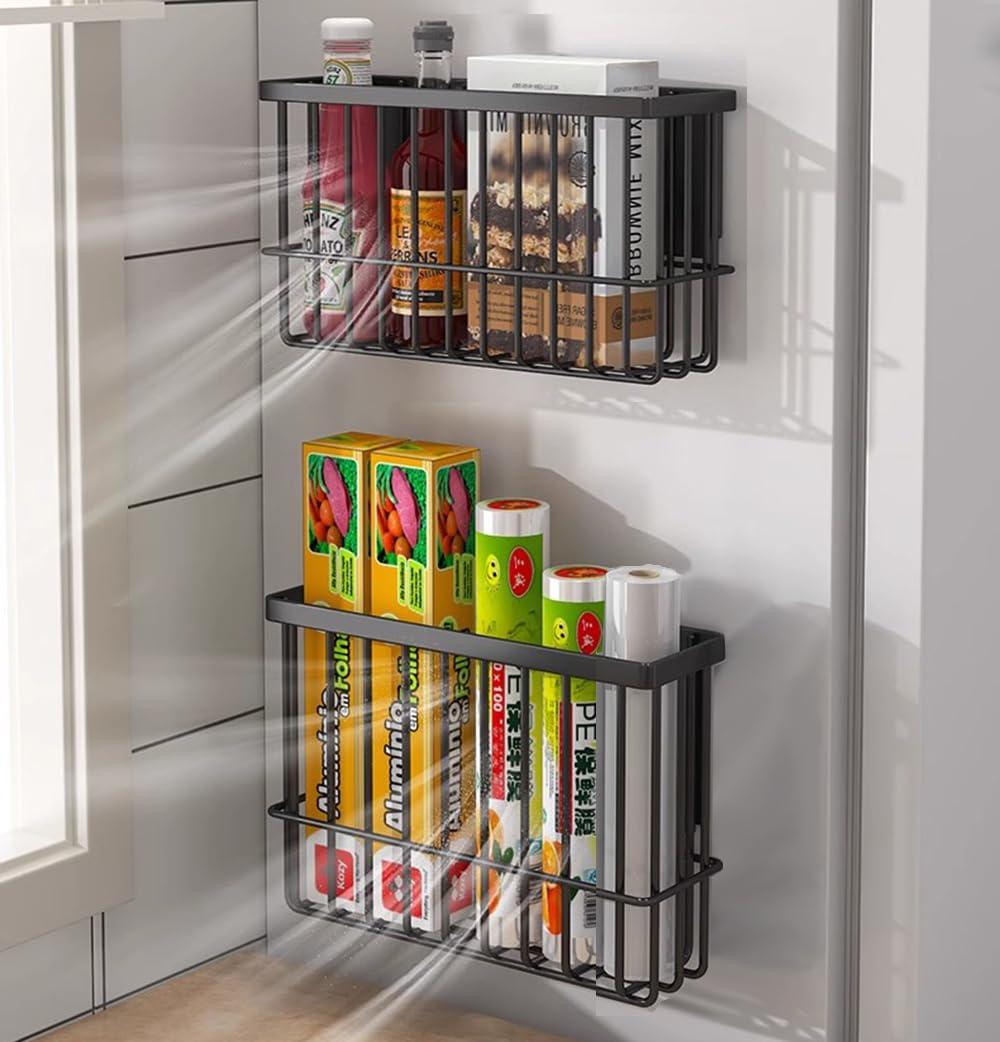 EigPluy 2 Pieces Kitchen Cabinet Door Storage Box, Self-Adhesive Storage Boxes, Wall Mounted Metal Storage Boxes,Cabinet/Bathroom/Fridge Small Items Organiser Storage Box (Black)