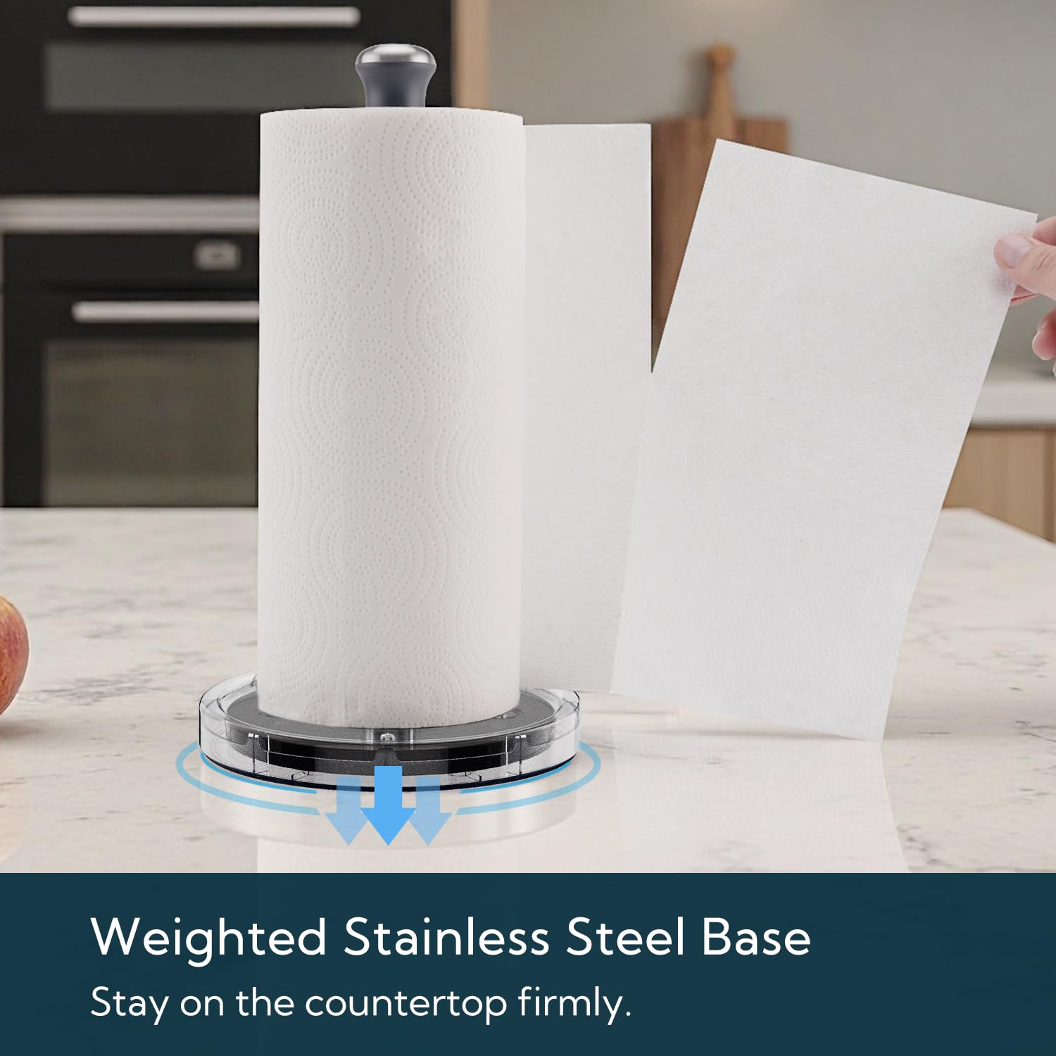 KITCHENDAO One-Handed Countertop Paper Towel Holder, Rotation Freestanding Kitchen Paper Holder Stand, Stainless Steel Paper Roll Holder with Weighted Base High-Adhesion Pad Sticker