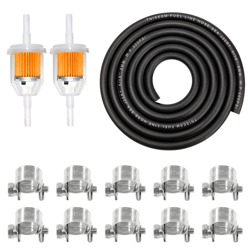 Tnisesm 5/16"(8MM) Inch ID Fuel Line Kits, 2 Meter / 6-Foot Fuel Line + 2Pcs 1/4 Inch X 5/16 Inch Gas Inline Fuel Filters with Magnet +10 Pcs 15/32''-9/16'' Mini Fuel Hose Clamps Adjustable